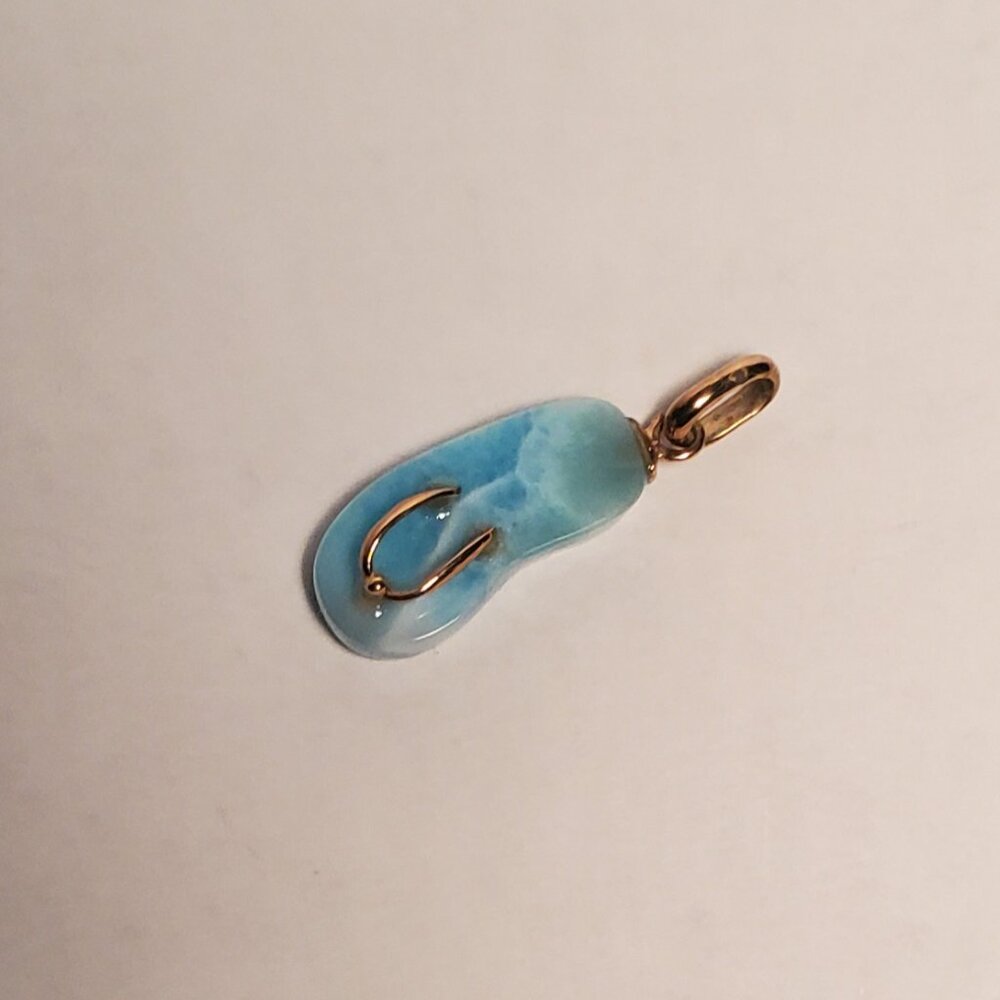 Larimar flip flop pendant with gold detail.
